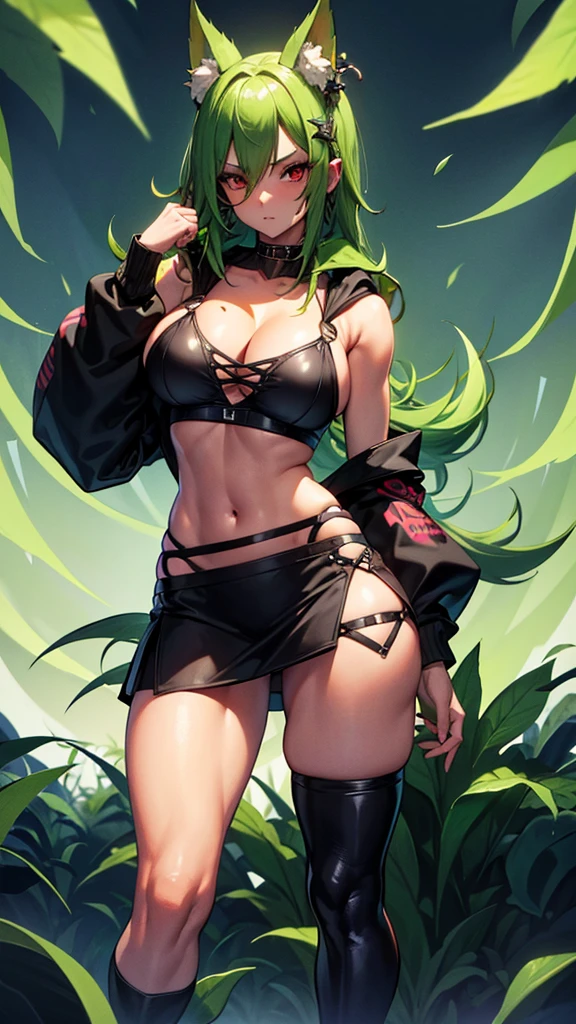 Croped, cleavage, slim waist, cropped hoodie underboob, cropped hoodieunderboobhoodie, 1girl, 2 wolf ears, wolf tail, marijuana crop hoodie, crop shorts, marijuana hoodie, spiky hair, spiky fur, green hair, red eyes,marijuana field, tight clothes, perfect eyes, perfect hands, clear resolution, full body, cleavage skin, marijuana plants, open hoodie, marijuana field, black thigh high socks, full body, earrings, 1girl, skirt,  cleavage, slim waist, cleavage, slim waist, hair pulled back, big breast, round butt, slim waist, best quality, thick thighs, D-cup breast, 4k quality, night time, full moon