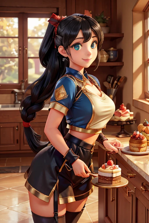 (dynamic angle:1.3, front view:1.1, breast focus:1.3, from above:1.1), (dynamic posing:1.2, sexy posing:1.2), (seductive smiling:1.3), ((looking at cake,Taking a cake out of the golden oven, worried about the outcome:1.2)),highest quality、(real、photorealistic:1.4),(ultra high resolution, 8K RAW photo, clear focus), best qualtiy, natural lighting, field depth, (Bright pupils, detailed beautiful eyes, high detailed face), Red lip, (tight focus:1.2), a girl 22yo old, Wearing a pastry chef uniform:1.3 , Thicc, thin breast, long hair, blue eyes,garter stocking, cleavage:1.2, midriff, black shorts, black thighhighs, thigh strap, pretty girl, (highly detailed beautiful face and eyes,firm breasts),real skin,((black,hair,long pony tail hair)),thin pubic hair,cute,lovely, detailed eyes,(double breasted:1.0,under bust:1.0),(with sparkling eyes and a contagious smile),open mouth, Looking at Viewer,A scene of cooking in the kitchen,looking at the golden oven 