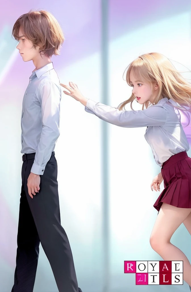 A boy and a girl are the central focus. The boy is walking away while the girl is reaching out to him.
Boy, The boy has short, light brown hair with a slight shine, indicating light reflection, His facial expression is neutral or slightly melancholic, as he looks straight ahead, He is wearing a light blue shirt, oned up and tucked into dark pants, which are typical of school attire in many anime settings, He is walking forward, away from the girl, with his left arm slightly bent and his right arm hanging down naturally by his side, The girl has long, blonde hair that flows freely behind her, with some strands lifted to indicate motion, Her expression is one of concern or distress, with wide eyes and a slightly open mouth as if she is calling out or gasping, She is wearing a white blouse, also typical of anime school settings, paired with a red pleated skirt, Her blouse is tucked in, giving a neat appearance, She is reaching out towards the boy with her right hand, fingers extended, while her left hand is held near her chest, Her body leans forward slightly, indicating that she is either running or quickly stepping towards him, The overall mood is emotional and somewhat tense, suggesting a significant moment between the two characters. The girl's urgent reaching out contrasts with the boy's calm, steady walk, hinting at a potential separation or a heartfelt plea, The bottom right corner features the text "ROYAL MTLS," suggesting the possible titlf a series, the artist’s signature, or a watermark, The font is clear and modern, adding a professional touch to the image