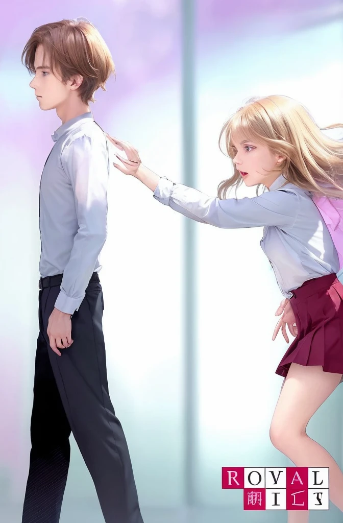 A boy and a girl are the central focus. The boy is walking away while the girl is reaching out to him.
Boy, The boy has short, light brown hair with a slight shine, indicating light reflection, His facial expression is neutral or slightly melancholic, as he looks straight ahead, He is wearing a light blue shirt, buttoned up and tucked into dark pants, which are typical of school attire in many anime settings, He is walking forward, away from the girl, with his left arm slightly bent and his right arm hanging down naturally by his side, The girl has long, blonde hair that flows freely behind her, with some strands lifted to indicate motion, Her expression is one of concern or distress, with wide eyes and a slightly open mouth as if she is calling out or gasping, She is wearing a white blouse, also typical of anime school settings, paired with a red pleated skirt, Her blouse is tucked in, giving a neat appearance, She is reaching out towards the boy with her right hand, fingers extended, while her left hand is held near her chest, Her body leans forward slightly, indicating that she is either running or quickly stepping towards him, The overall mood is emotional and somewhat tense, suggesting a significant moment between the two characters. The girl's urgent reaching out contrasts with the boy's calm, steady walk, hinting at a potential separation or a heartfelt plea, The bottom right corner features the text "ROYAL MTLS," suggesting the possible title of a series, the artist’s signature, or a watermark, The font is clear and modern, adding a professional touch to the image