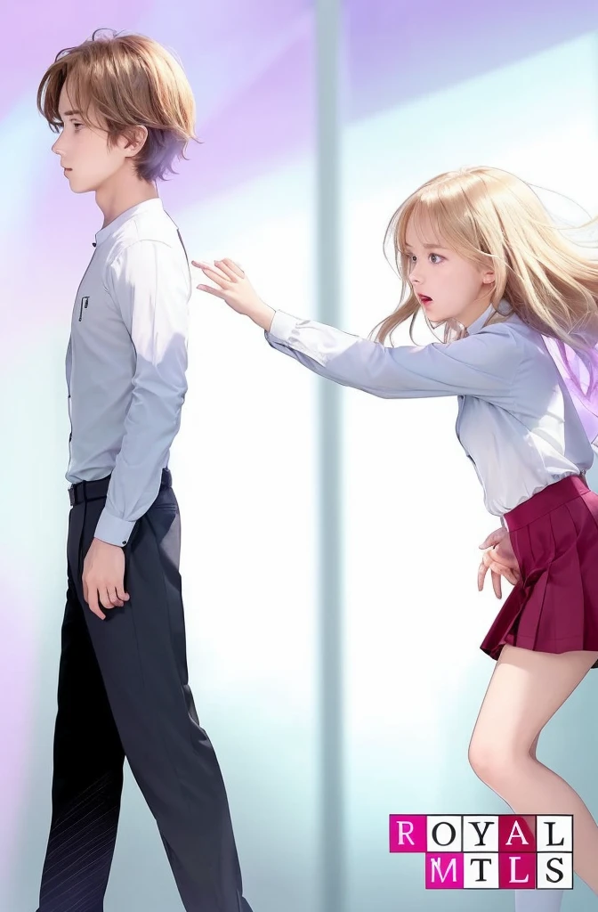 A boy and a girl are the central focus. The boy is walking away while the girl is reaching out to him.
Boy, The boy has short, light brown hair with a slight shine, indicating light reflection, His facial expression is neutral or slightly melancholic, as he looks straight ahead, He is wearing a light blue shirt, buttoned up and tucked into dark pants, which are typical of school attire in many anime settings, He is walking forward, away from the girl, with his left arm slightly bent and his right arm hanging down naturally by his side, The girl has long, blonde hair that flows freely behind her, with some strands lifted to indicate motion, Her expression is one of concern or distress, with wide eyes and a slightly open mouth as if she is calling out or gasping, She is wearing a white blouse, also typical of anime school settings, paired with a red pleated skirt, Her blouse is tucked in, giving a neat appearance, She is reaching out towards the boy with her right hand, fingers extended, while her left hand is held near her chest, Her body leans forward slightly, indicating that she is either running or quickly stepping towards him, The overall mood is emotional and somewhat tense, suggesting a significant moment between the two characters. The girl's urgent reaching out contrasts with the boy's calm, steady walk, hinting at a potential separation or a heartfelt plea, The bottom right corner features the text "ROYAL MTLS," suggesting the possible title of a series, the artist’s signature, or a watermark, The font is clear and modern, adding a professional touch to the image