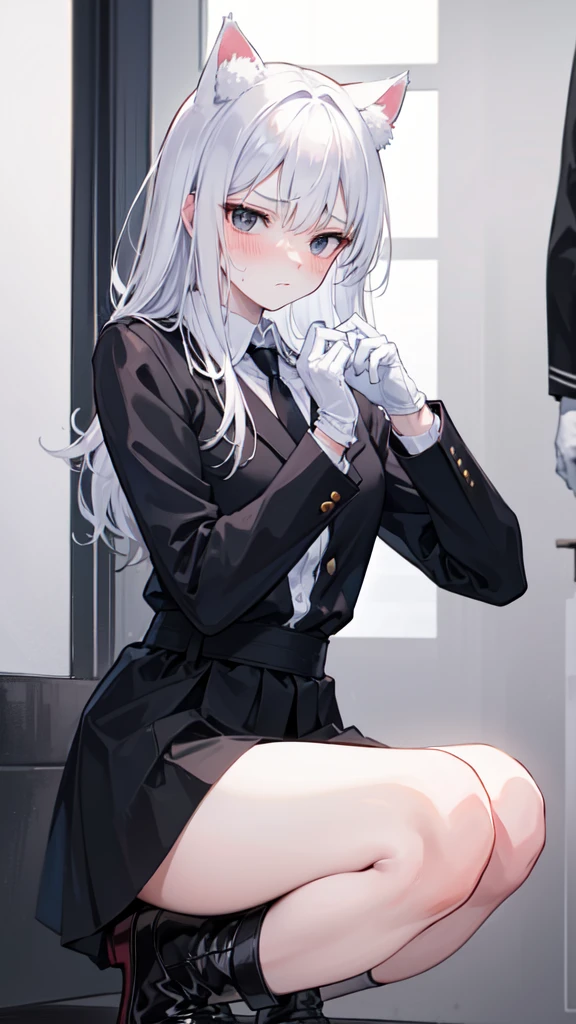 A 18-year-old boy, white and tender skin, cute, wearing white long-sleeved shirt, black jacket and black work tie, black trousers, black booties, white gloves, collar, white hair,wear cat ears, black eyes, thin waist, thin legs, handsome, disdainful and indifferent expression, shy, blush a lot, afraid, sweating, tired, pornography, Pornographic action