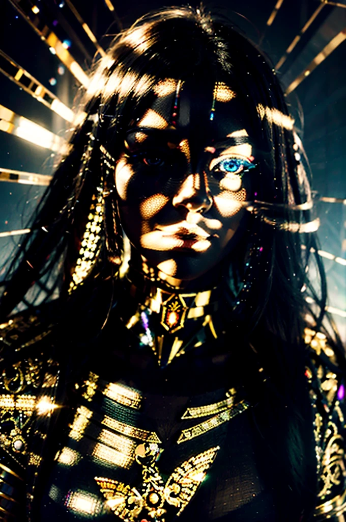 algoritma art, surreal of a female cybergirl mystical beauty of Cleopatra, with various hieroglif filigree decorations on the skin, she stands in front of a monstrously gigantic dramatic Piramida in fractal crystal with optic illusion, many armed Anubis around her, INSI-art fx make the manipulation with mathematics formula bokeh background, fairytale and optical ilution pattern. glossy foto. make-up lighting. ground view wide lens. 3:4
