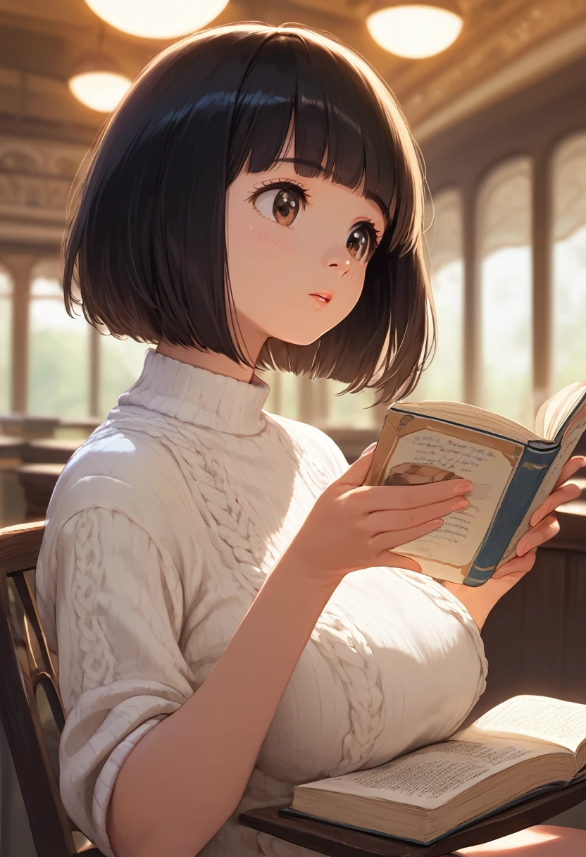 score_9,score_8_up,score_7_up,masterpiece,best quality, source anime, realistic, super detailed, extreme detailed, rating_safe,
1girl, solo, sitting on chair, reading book, upper body, from side,
BREAK girl, 22yo, short hair, bob cut, (blunt bangs), black hair, (tareme, detailed cute brown eyes), curled eyelashes, (large breasts:0.9), 
shiny hair, beautiful detailed eyes, beautiful face,
white knitted sweater, 
(sad:0.8), parted lips,
cafe, warm light,  