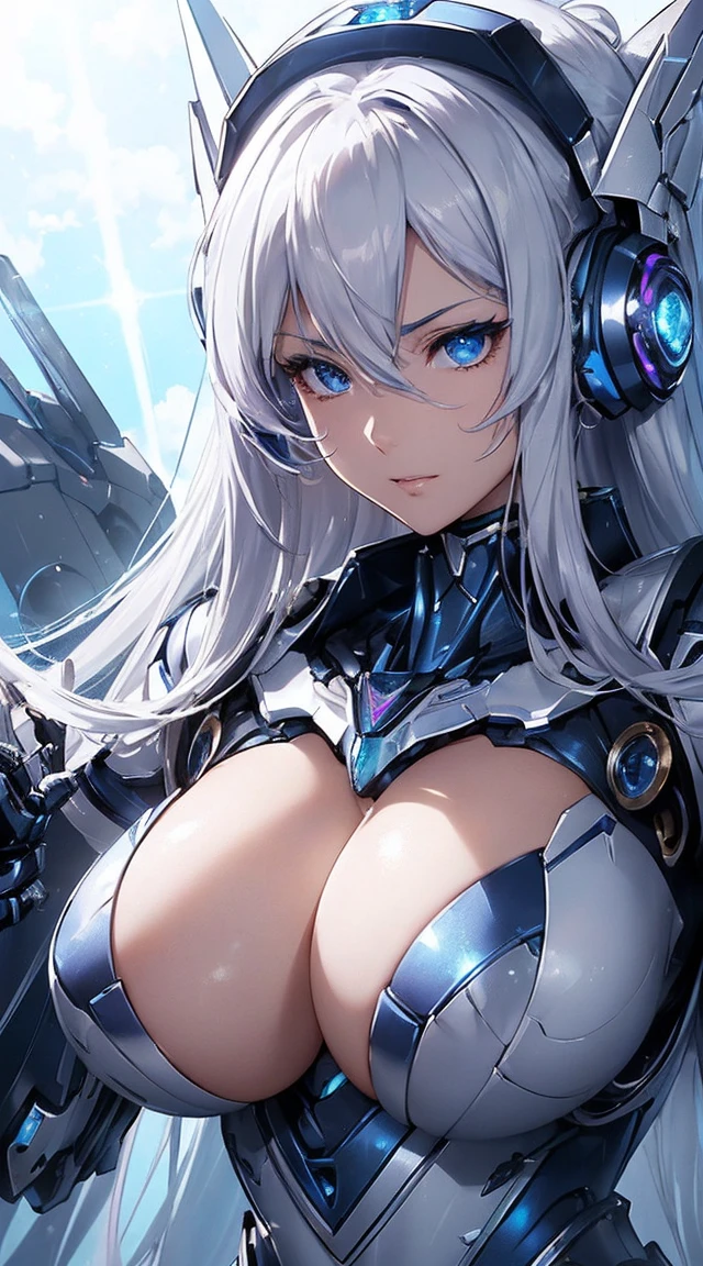 ((Extreme close up:1.6))、(((Lenses shining on both breasts:1.3)))、((Blue pillars of light radiate from both of his chests..:1.3))、break、(((Dynamic pose:1.8)))、smile、((8K)), ((32k)), ((Highest quality)), ((masterpiece)), ((超A high resolution)), ((Tmasterpiece)), ((Halation:1.4))、((Mechaニカルheadgear:1.2))、((Cyber Headphones:1.3))Fine skin, High quality fabric, High-quality metal texture、((Beautiful and dense face))、RAW Photos、Professional, Ultra-fine painting, ((alone)), Beautiful breasts、Highest quality, Very detailed, Very detailed詳細, Finer details, so beautiful, ((Princess Knight Robot:1.2)), (Joint of the machine, Mechanical Limbs:1.3), (The internal structure of the machine is exposed:1.3), (Long silver hair:1.1), (Beautiful and huge mechanical breasts)、White Veil, cowboy_shot, Side Focus, headgear, Shiny、(Five Fingers, Four fingers and thumb),Concept Art, Anime fantasy artwork, Detailed fantasy art, (with pale blue-violet hair and large white wings,,,,,,,,), (((Long silver hair))), (Mecha:1.6)、Sleek and intimidating design, ((Commander-in-Chief'arm)), (Perfect robot body)、純白と青紫のarmまたは, Symmetrical wings, 8K High Resolution, Detailed Art, 3D rendering of character art in 8K, neat legs, Defined, Defined fingers,((headshot:1.3))
