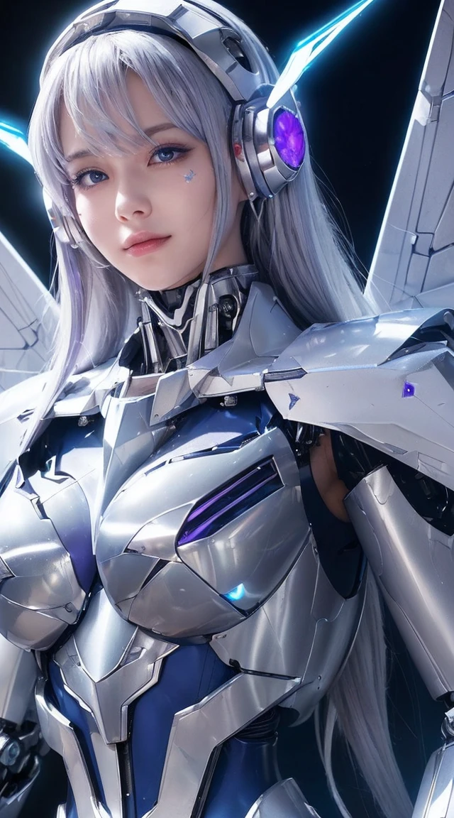 ((Extreme close up:1.6))、(((Lenses shining on both breasts:1.3)))、((A blue pillar of light emanates from both of his chests..:1.3))、break、(((Dynamic pose:1.8)))、smile、((8K)), ((32k)), ((Highest quality)), ((masterpiece)), ((超A high resolution)), ((Tmasterpiece)), ((Halation:1.4))、((Mechaニカルheadgear:1.2))、((Cyber Headphones:1.3))Fine skin, High quality fabric, High-quality metal texture、((Beautiful and dense face))、RAW Photos、Professional, Ultra-fine painting, ((alone)), Beautiful breasts、Highest quality, Very detailed, Very detailed詳細, Finer details, so beautiful, ((Princess Knight Robot:1.2)), (Joint of the machine, Mechanical Limbs:1.3), (The internal structure of the machine is exposed:1.3), (Long silver hair:1.1), (Beautiful and huge mechanical breasts)、White Veil, cowboy_shot, Side Focus, headgear, Shiny、(Five Fingers, Four fingers and thumb),Concept Art, Anime fantasy artwork, Detailed fantasy art, (with pale blue-violet hair and large white wings,,,,,,,,), (((Long silver hair))), (Mecha:1.6)、Sleek and intimidating design, ((Commander-in-Chief'arm)), (Perfect robot body)、純白と青紫のarmまたは, Symmetrical wings, 8K High Resolution, Detailed Art, 3D rendering of character art in 8K, neat legs, Defined, Defined fingers,((headshot:1.3))