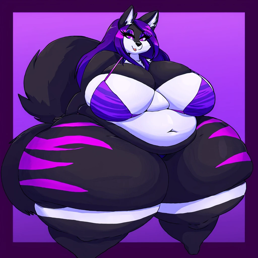 Wolf, female, long hair, huge breasts, huge hips, huge thighs, plump, voluptuous, gorgeous, beautiful, eyelashes, top heavy, bottom heavy, fluffy tail,black fur,black body, purple hair, black stripes bikini , purple stripes,fat, morbidly obese 