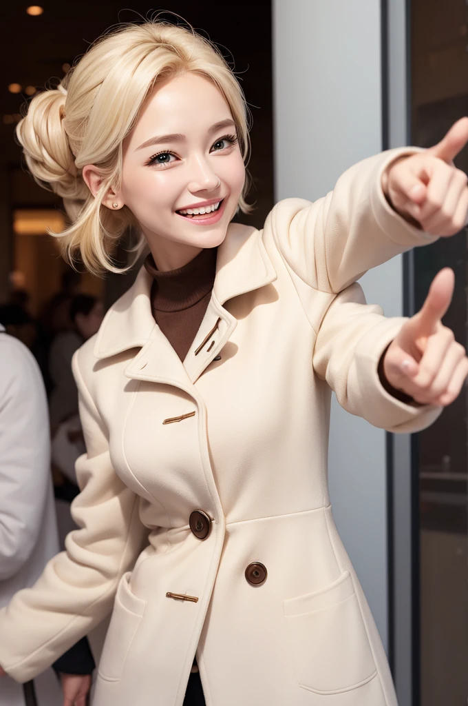pixar style blonde woman with white coat, brown eyes, pointing and smiling, thin face