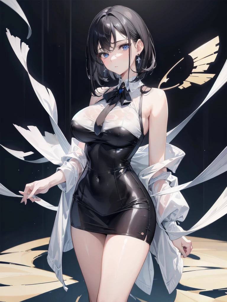 absurdres, RAW photo, extremely delicate and beautiful, masterpiece, Best Quality, ultra high resolution, 32k, hyperrealistic, ultra-detailed, in her 20s, delicate facial features, tearful mole, earring, big breasts, full body shot, shorter middle hair, black hair, short pencil skirt, black shirt, collared shirt, sleeveless,