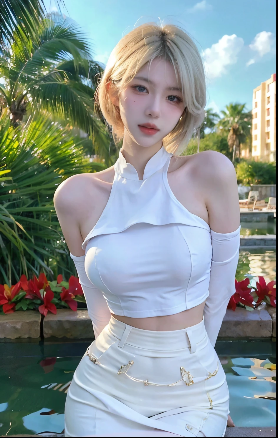 Beautiful woman with perfect figure:1.4,Swimming background,Desert Background,Ultra-high resolution,Seductive laughter,wear glasses,White legs,(lifelike:1.4),Layered Hairstyle,White skin,Black mini pleated skirt,whole body,Very delicate face and skin texture,Double eyelids,Skin Whitening,Long hair,White hair,White,