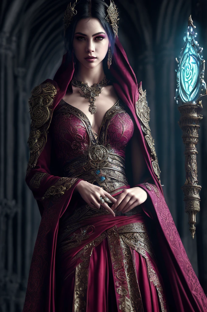 A highly detailed portrait of an Altmer mage-scholar hybrid, a devout worshiper of the divine Julianos, intricate facial features, piercing eyes, elegant robes, mystical aura, ornate staff, glowing runes, dramatic lighting, detailed architectural background, fantasy art, digital painting, cinematic perspective, vivid colors, masterpiece