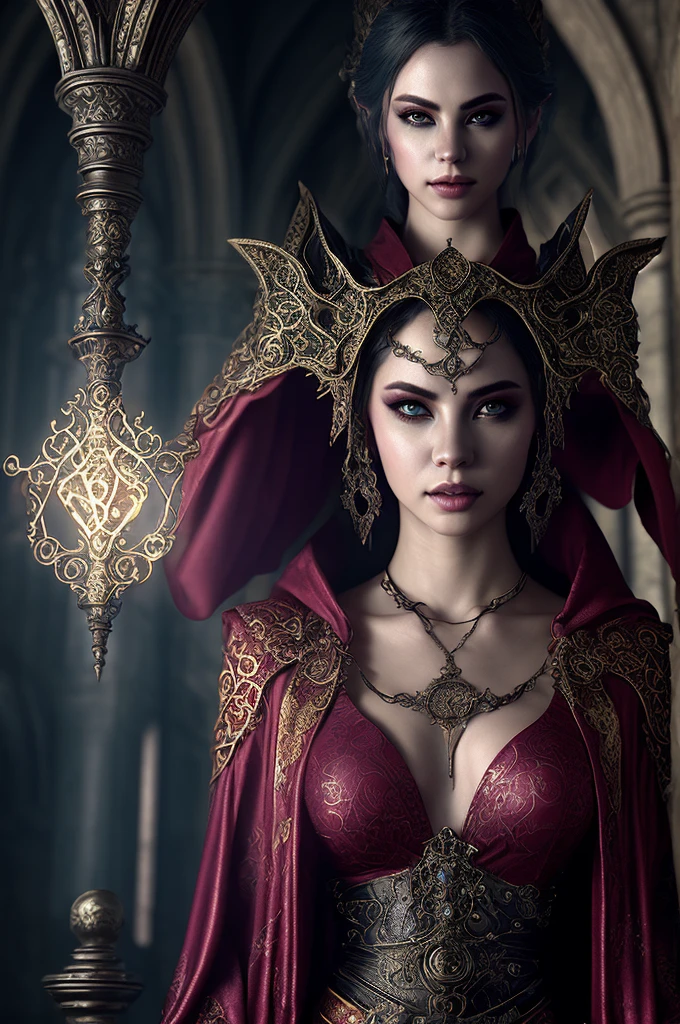 A highly detailed portrait of an Altmer mage-scholar hybrid, a devout worshiper of the divine Julianos, intricate facial features, piercing eyes, elegant robes, mystical aura, ornate staff, glowing runes, dramatic lighting, detailed architectural background, fantasy art, digital painting, cinematic perspective, vivid colors, masterpiece