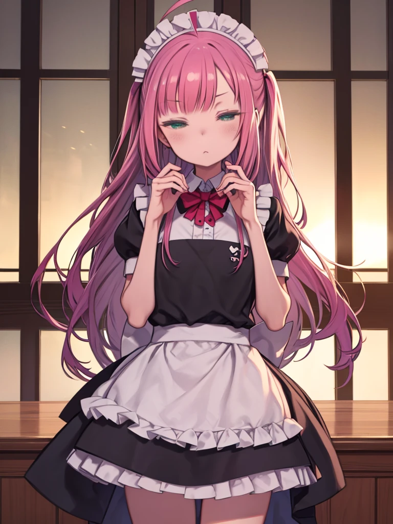 masterpiece, Highest quality, Absurd, anxiety, Long Hair, Ahoge, hair ornaments, Green Eyes, Pink Hair, chest, (View your viewers), (Half-closed eyes:0.5), (Fine grain, tsurime:1.1) Expressionless eyes, (Mouth closed), (Expressionless:1.3), Nice hands, Perfect hands, (Beautiful fingers), Maid, , Maid apron, __Clothes/cut out__, BREAK Maid cafe, Coffee mill, coffee maker, Hot Coffee, table, Sharp focus, (Perfect Anatomy), Medium Full Shot, Volumetric lighting,