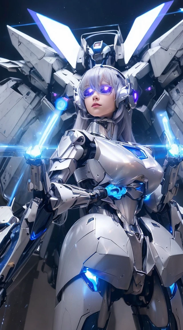 ((Intense action pose:1.6))、((Shining lenses on both breasts:1.3))、((Blue pillars of light are emanating from both chests.:1.3))、smile、((8K)), ((32k)), ((Highest quality)), ((masterpiece)), ((超A high resolution)), ((Tmasterpiece)), ((Halation:1.4))、((Mechaニカルheadgear:1.2))、((Cyber Headphones:1.3))、Fine skin, High quality fabric, Fine metal texture、((Beautiful and dense face))、RAW Photos、Professional, Ultra-fine painting, ((alone)), Beautiful breasts、Highest quality, Very detailed, Very detailed詳細, Finer details, so beautiful, ((Princess Knight Robot:1.2)),  (Joints of machines, Mechanical Limbs:1.3), (The internal structure of the machine is exposed:1.3), (Long silver hair:1.1), (Beautiful and huge mechanical breasts)、White Veil, cowboy_shot, Side Focus, headgear, Shiny、(Five Fingers, Four fingers and thumb),Concept Art, Anime fantasy artwork, Detailed fantasy art, (with pale blue-violet hair and large white wings,,,,,,,), (((Long silver hair))), (Mecha:1.6)、Sleek and intimidating design, ((Commander-in-Chief&#39;arm)), (Perfect robot body)、純白と青紫armまたは, Symmetrical wings, 8K high quality, detailed art, 3D rendering of character art in 8K, neat legs, Defined, Defined fingers,