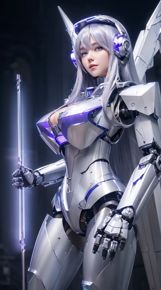 ((Intense action pose:1.6))、((Shining lenses on both breasts:1.3))、((Blue pillars of light are emanating from both chests.:1.3))、smile、((8K)), ((32k)), ((Highest quality)), ((masterpiece)), ((超A high resolution)), ((Tmasterpiece)), ((Halation:1.4))、((Mechaニカルheadgear:1.2))、((Cyber Headphones:1.3))、Fine skin, High quality fabric, Fine metal texture、((Beautiful and dense face))、RAW Photos、Professional, Ultra-fine painting, ((alone)), Beautiful breasts、Highest quality, Very detailed, Very detailed詳細, Finer details, so beautiful, ((Princess Knight Robot:1.2)), (Joints of machines, Mechanical Limbs:1.3), (The internal structure of the machine is exposed:1.3), (Long silver hair:1.1), (Beautiful and huge mechanical breasts)、White Veil, cowboy_shot, Side Focus, headgear, Shiny、(Five Fingers, Four fingers and thumb),Concept Art, Anime fantasy artwork, Detailed fantasy art, (with pale blue-violet hair and large white wings,,,,,,,), (((Long silver hair))), (Mecha:1.6)、Sleek and intimidating design, ((Commander-in-Chief'arm)), (Perfect robot body)、純白と青紫armまたは, Symmetrical wings, 8K high quality, detailed art, 3D rendering of character art in 8K, neat legs, Defined, Defined fingers,