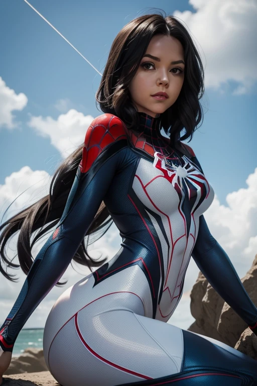 A closeup of a woman in a spider suit - man posing for a photo, Blue sky and white clouds, tumblr, grandson art, spider gwen, araña-gwen, araña - gwen, Fitted garment, tight suit, Gwen Stacy, usando tight suit, Spider woman!!, Spider woman!!!!!, ( showing the buttocks ),( (Spider woman) ), in spandex suit