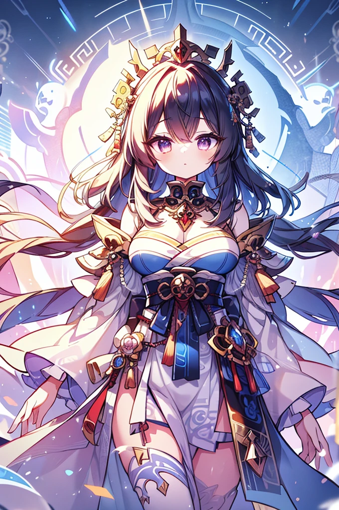 A luminous ethereal deity, the digital ghost of an ancient warrior deity known for its wisdom and power. This striking image is a digital painting, meticulously crafted with vibrant colors and intricate details. The ghost is depicted with shimmering translucent robes flowing around its form, glowing runes adorning its pixelated skin, and eyes that pierce through the screen with a divine gaze. The overall image conveys a sense of awe and reverence, capturing the essence of a mythical being existing in the digital realm.
