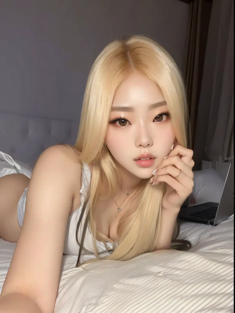 araffed woman laying on a bed with a laptop in her lap, korean girl, gorgeous young korean woman, beautiful south korean woman, wan adorable korean face, roseanne park of blackpink, ulzzang, young adorable korean face, sexy look at the camera, beautiful young korean woman, long blonde hair and big eyes, shikamimi, posing in a bedroom