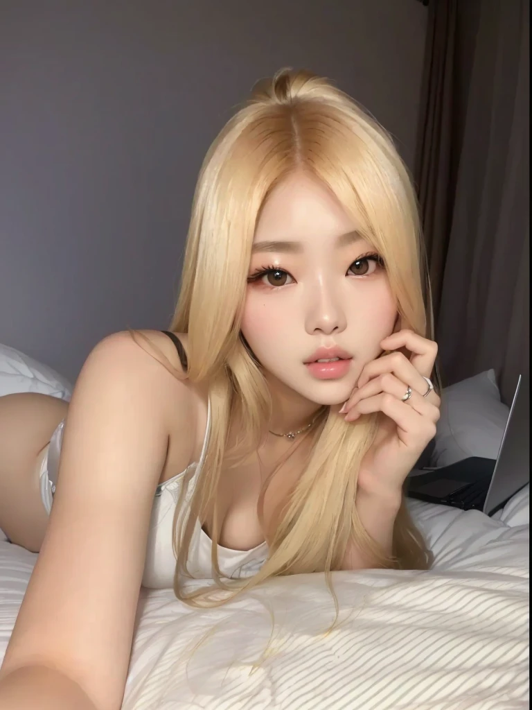araffed woman laying on a bed with a laptop in her lap, korean girl, gorgeous young korean woman, beautiful south korean woman, wan adorable korean face, roseanne park of blackpink, ulzzang, young adorable korean face, sexy look at the camera, beautiful young korean woman, long blonde hair and big eyes, shikamimi, posing in a bedroom