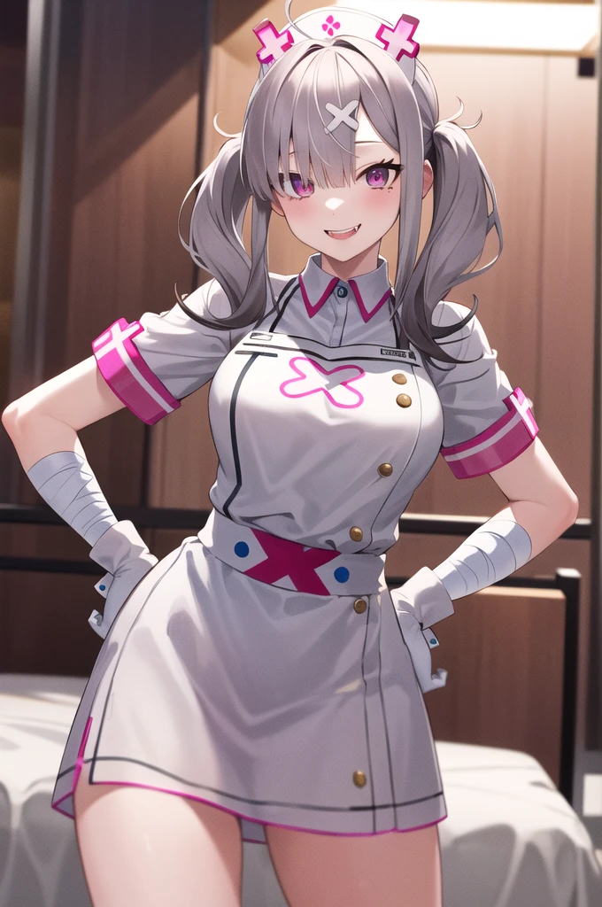 masterpiece, best quality, highres, sk1, white gloves, bandages, white apron, short sleeves, nurse, bandaged arm, wrist cuffs, white dress, Fangs, cowboy shot, standing, hospital bed, smile, hand on hip,Arms folded behind back,side,side汗,She spread her legs