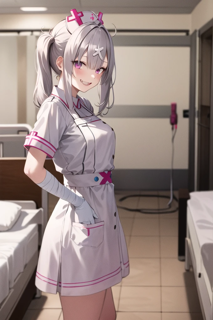 masterpiece, best quality, highres, sk1, white gloves, bandages, white apron, short sleeves, nurse, bandaged arm, wrist cuffs, white dress, Fangs, cowboy shot, standing, hospital bed, smile, hand on hip,Arms folded behind back,side,side汗,She spread her legs