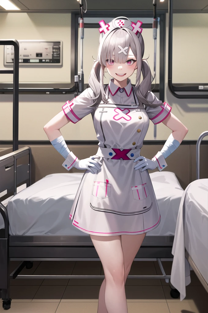 masterpiece, best quality, highres, sk1, white gloves, bandages, white apron, short sleeves, nurse, bandaged arm, wrist cuffs, white dress, Fangs, cowboy shot, standing, hospital bed, smile, hand on hip,Arms folded behind back,side,side汗,She spread her legs