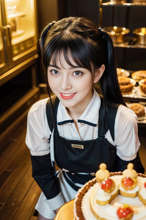 (dynamic angle:1.3, front view:1.1, breast focus:1.3, from above:1.1), (dynamic posing:1.2, sexy posing:1.2), (seductive smiling:1.3), ((looking at cake,Taking a cake out of the golden oven, worried about the outcome:1.2)),highest quality、(real、photorealistic:1.4),(ultra high resolution, 8K RAW photo, clear focus), best qualtiy, natural lighting, field depth, (Bright pupils, detailed beautiful eyes, high detailed face), Red lip, (tight focus:1.2), a girl 22yo old, Wearing a pastry chef uniform:1.3 , Thicc, thin breast, long hair, blue eyes,garter stocking, cleavage:1.2, midriff, black shorts, black thighhighs, thigh strap, pretty girl, (highly detailed beautiful face and eyes,firm breasts),real skin,((black,hair,long pony tail hair)),thin pubic hair,cute,lovely, detailed eyes,(double breasted:1.0,under bust:1.0),(with sparkling eyes and a contagious smile),open mouth, Looking at Viewer,A scene of cooking in the kitchen,looking at the golden oven 