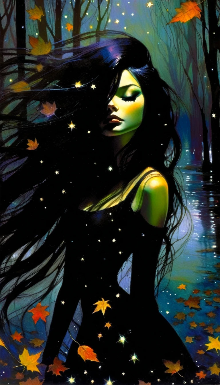 -girl, long black dress with straps, long black hair, eyes closed on the river, murky water, falling leaves, dark tone,magic, fantastic, night sky, stars, background, (art inspired by Bill Sienkiewicz). oil painting)