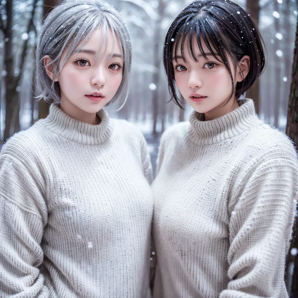 in the snowy forest, japanese girl, knit sweater, snowing,pupils sparkling, silver short hair, realistic Portrait, depth of field, f/1.8, anatomically correct, textured skin, super detail, high details, high quality, super detail, high details, high quality, best quality, highres