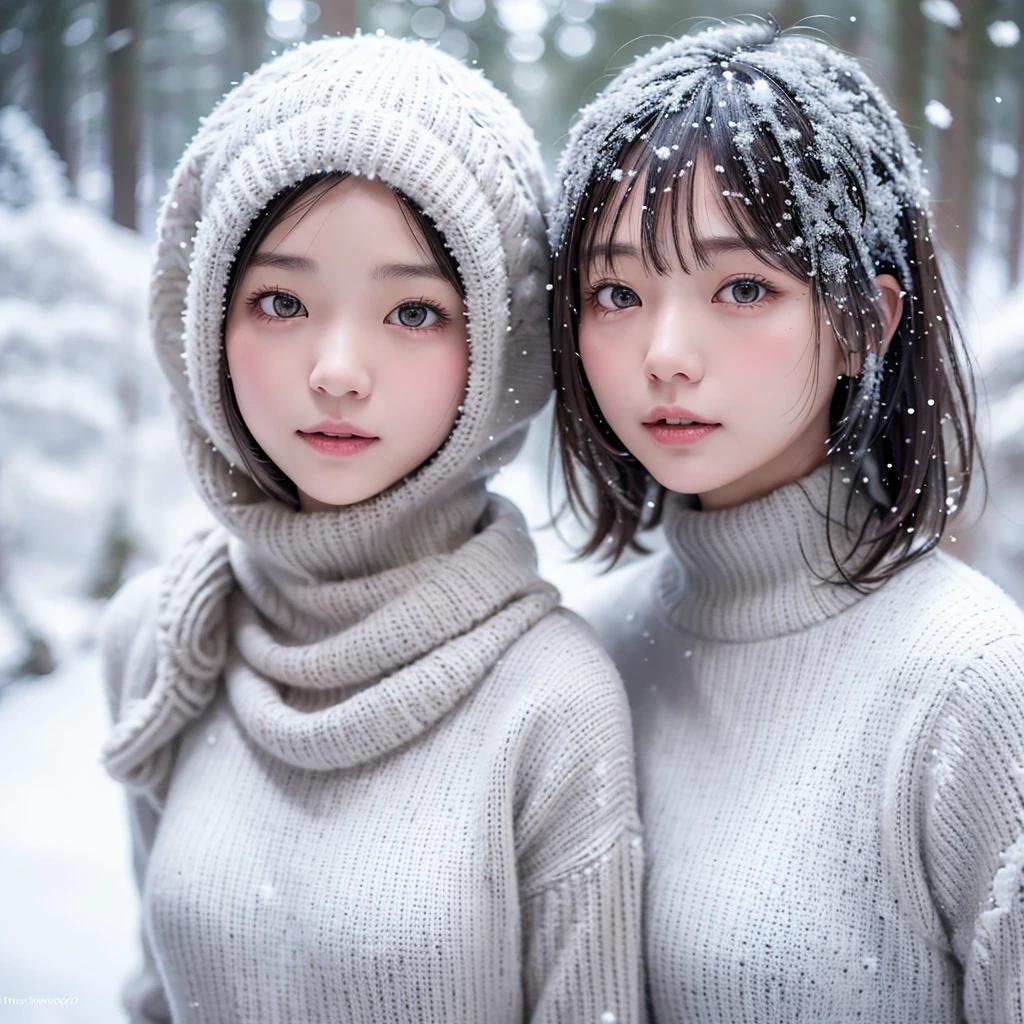 in the snowy forest, japanese girl, knit sweater, snowing,pupils sparkling, silver short hair, realistic Portrait, depth of field, f/1.8, anatomically correct, textured skin, super detail, high details, high quality, super detail, high details, high quality, best quality, highres