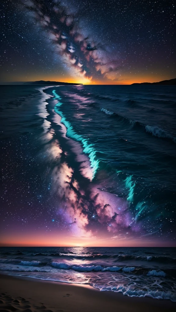 Bioluminescent stars shining in the sky, Pink half moon, Tukoi Sky, Soft cotton cloud, Turkish ocean waves, Shiny, Purple Water, Milky Way, Complementary lighting