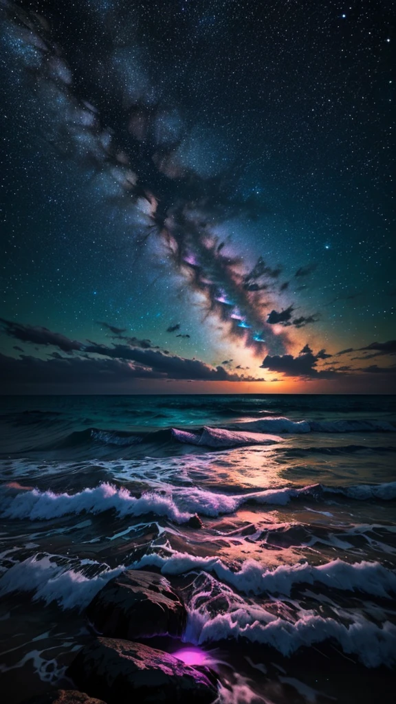 Bioluminescent stars shining in the sky, Pink half moon, Tukoi Sky, Soft cotton cloud, Turkish ocean waves, Shiny, Purple Water, Milky Way, Complementary lighting