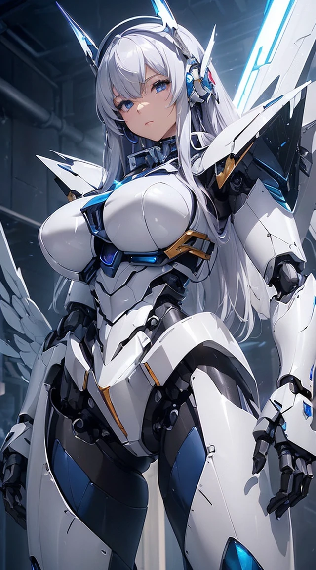 ((Intense action pose:1.6))、((Shining lenses on both breasts:1.3))、((Blue pillars of light are emanating from both chests.:1.3))、smile、((8K)), ((32k)), ((Highest quality)), ((masterpiece)), ((超A high resolution)), ((Tmasterpiece)), ((Halation:1.4))、((Mechaニカルheadgear:1.2))、((Cyber Headphones:1.3))、Fine skin, High quality fabric, Fine metal texture、((Beautiful and dense face))、RAW Photos、Professional, Ultra-fine painting, ((alone)), Beautiful breasts、Highest quality, Very detailed, Very detailed詳細, Finer details, so beautiful, ((Princess Knight Robot:1.2)),  (Joints of machines, Mechanical Limbs:1.3), (The internal structure of the machine is exposed:1.3), (Long silver hair:1.1), (Beautiful and huge mechanical breasts)、White Veil, cowboy_shot, Side Focus, headgear, Shiny、(Five Fingers, Four fingers and thumb),Concept Art, Anime fantasy artwork, Detailed fantasy art, (with pale blue-violet hair and large white wings,,,,,,,), (((Long silver hair))), (Mecha:1.6)、Sleek and intimidating design, ((Commander-in-Chief&#39;arm)), (Perfect robot body)、純白と青紫armまたは, Symmetrical wings, 8K high quality, detailed art, 3D rendering of character art in 8K, neat legs, Defined, Defined fingers,