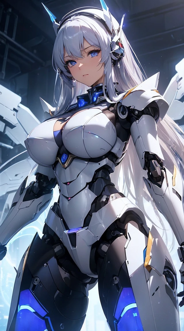 ((Intense action pose:1.6))、((Shining lenses on both breasts:1.3))、((Blue pillars of light are emanating from both chests.:1.3))、smile、((8K)), ((32k)), ((Highest quality)), ((masterpiece)), ((超A high resolution)), ((Tmasterpiece)), ((Halation:1.4))、((Mechaニカルheadgear:1.2))、((Cyber Headphones:1.3))、Fine skin, High quality fabric, Fine metal texture、((Beautiful and dense face))、RAW Photos、Professional, Ultra-fine painting, ((alone)), Beautiful breasts、Highest quality, Very detailed, Very detailed詳細, Finer details, so beautiful, ((Princess Knight Robot:1.2)),  (Joints of machines, Mechanical Limbs:1.3), (The internal structure of the machine is exposed:1.3), (Long silver hair:1.1), (Beautiful and huge mechanical breasts)、White Veil, cowboy_shot, Side Focus, headgear, Shiny、(Five Fingers, Four fingers and thumb),Concept Art, Anime fantasy artwork, Detailed fantasy art, (with pale blue-violet hair and large white wings,,,,,,,), (((Long silver hair))), (Mecha:1.6)、Sleek and intimidating design, ((Commander-in-Chief&#39;arm)), (Perfect robot body)、純白と青紫armまたは, Symmetrical wings, 8K high quality, detailed art, 3D rendering of character art in 8K, neat legs, Defined, Defined fingers,