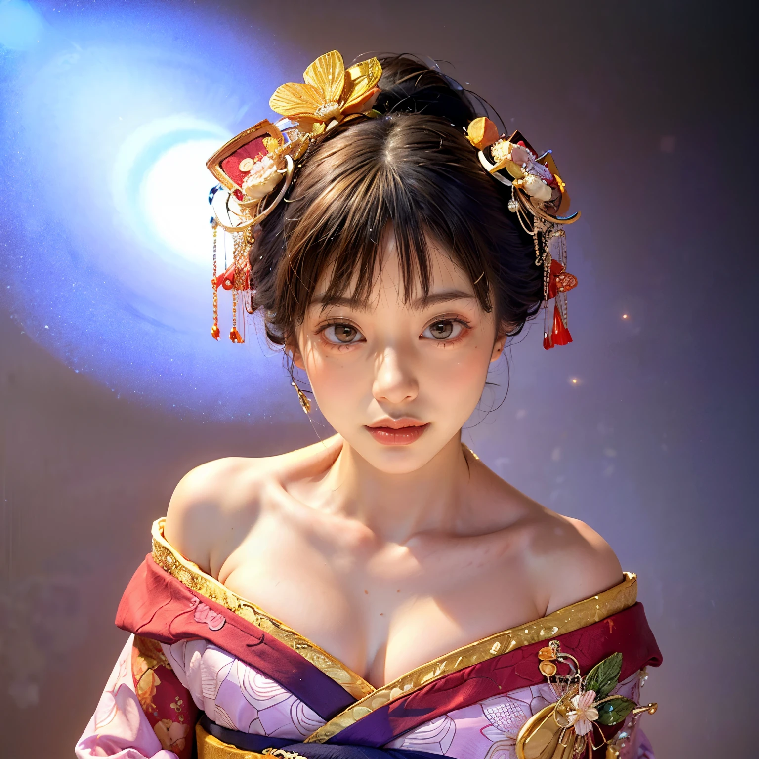 (PUNIPUNI clavicle KIMONO ((offshoulder)) KANZASHI FlowerHairpins Topknot TwinBun Oiran-Hair)High-level, 8K Masterpiece TopQuality, Ultra-detailed CG, Absurd detailed wallpaper, PerfectLighting, Extremely detailed (((Personifying " OIRAN " as a KAWAII Girl))), Characteristic Items, aesthetic LifeLike Rendering, MysticSight, Haze Tyndall Scattering, (Studio GRAY Background with (Oodles Dazzling Iridescent 🌈Particles (BokeH))), (((Assfocus)) RoundlyButt) ThighGap, (Exposed:0.44) 🔞 BREAK (Acutance:0.8), (NOGIZAKA FaceVariations) Extremely Detailed very KAWAII FaceVariations, Childish CaptivatingGaze ElaboratePupils ParfectEyes with (SparklingHighlights:1.28), (Voluminous LongEyelashes:0.88), 💄💋✨ GlossyRedLips with BeautifulDetails, CoquettishTongue, PUNIPUNI RosyCheeks, Radiant PearlSkin with Transparency, Glowing DowneyHair . { (Dynamic LifeLike expressions:1.4) | (:d) }, (large eyes:-1) .