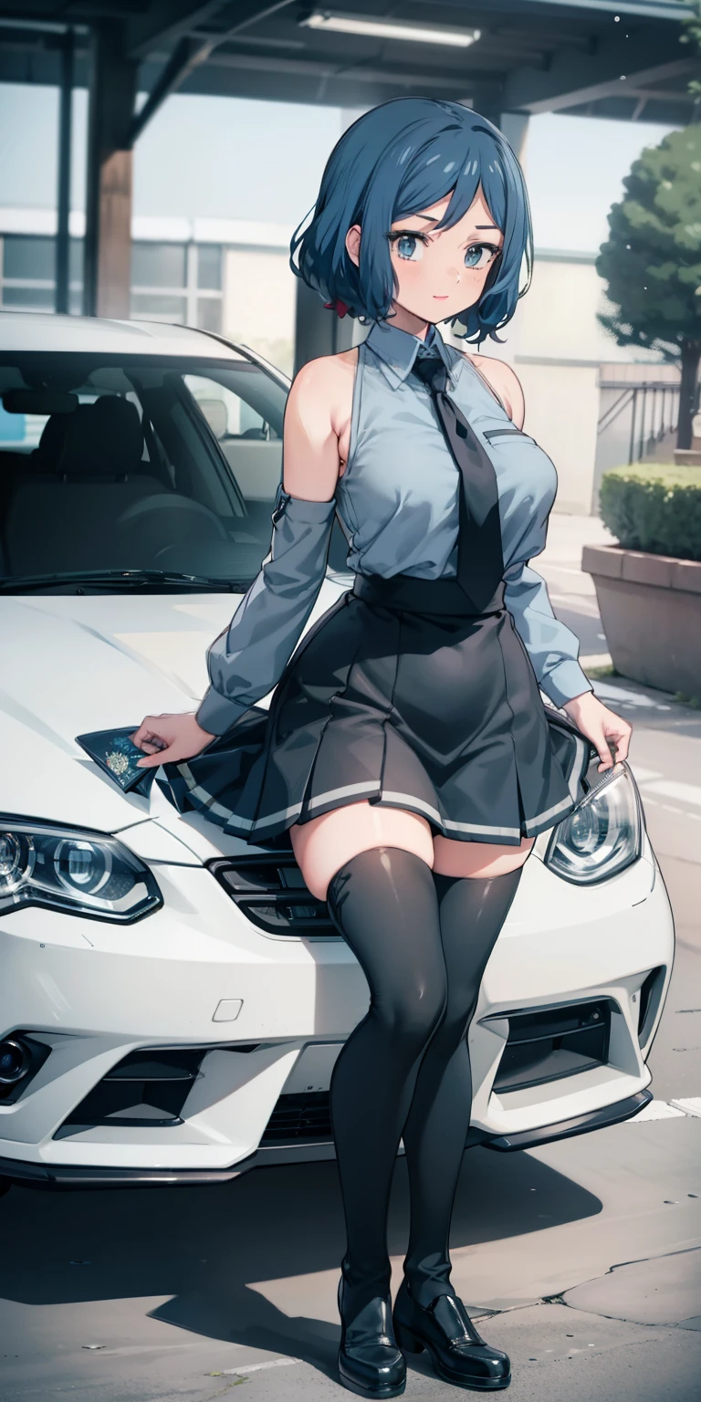 (Masterpiece,), Best Quality, ultra-detailed, perfect hands, perfect legs, Delicate eye expression, delicate face expression., 1girl (rinko_iori, Slender and sexy body, huge breasts, wide hips, naked body, dark blue hair, long hair, blue eyes ),closed mouth(wicked smile), a come-hither look, red lipstick, solo, sleeveless shirt, grey shirt, detached sleeves, necktie, arm tattoo, skirt, thighhighs, thigh boots,,full body, at a car racetrack , standing,Sexy waist teasing, a provocative pose ,