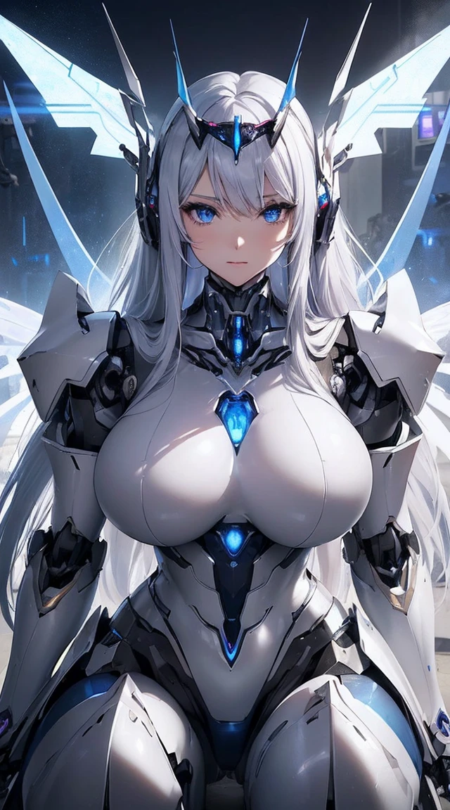 (Sit with one knee on the machine:1.6)、(Full body description:1.3)、((Shining lenses on both breasts:1.3))、((Blue pillars of light are emanating from both chests.:1.3))、smile、((8K)), ((32k)), ((Highest quality)), ((masterpiece)), ((超A high resolution)), ((Tmasterpiece)), ((Halation:1.4))、((Mechaニカルheadgear:1.2))、((Cyber Headphones:1.3))、Fine skin, High quality fabric, Fine metal texture、((Beautiful and dense face))、RAW Photos、Professional, Ultra-fine painting, ((alone)), Beautiful breasts、Highest quality, Very detailed, Very detailed詳細, Finer details, so beautiful, ((Princess Knight Robot:1.2)),  (Joints of machines, Mechanical Limbs:1.3), (The internal structure of the machine is exposed:1.3), (Long silver hair:1.1), (Beautiful and huge mechanical breasts)、White Veil, cowboy_shot, Side Focus, headgear, Shiny、(Five Fingers, Four fingers and thumb),Concept Art, Anime fantasy artwork, Detailed fantasy art, (with pale blue-violet hair and large white wings,,,,,,,), (((Long silver hair))), (Mecha:1.6)、Sleek and intimidating design, ((Commander-in-Chief&#39;arm)), (Perfect robot body)、純白と青紫armまたは, Symmetrical wings, 8K high quality, detailed art, 3D rendering of character art in 8K, neat legs, Defined, Defined fingers,