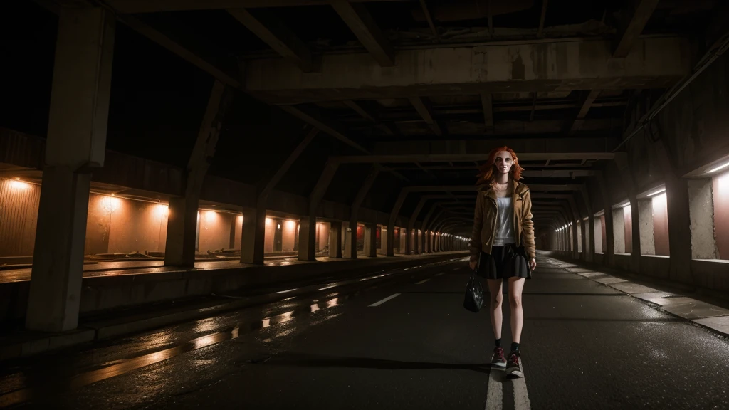 girl with vibrant red hair walking under an overpass in a dark city, This girl has red hair that is illuminated by the light of a single streetlight in the dark environment of a city in ruins 