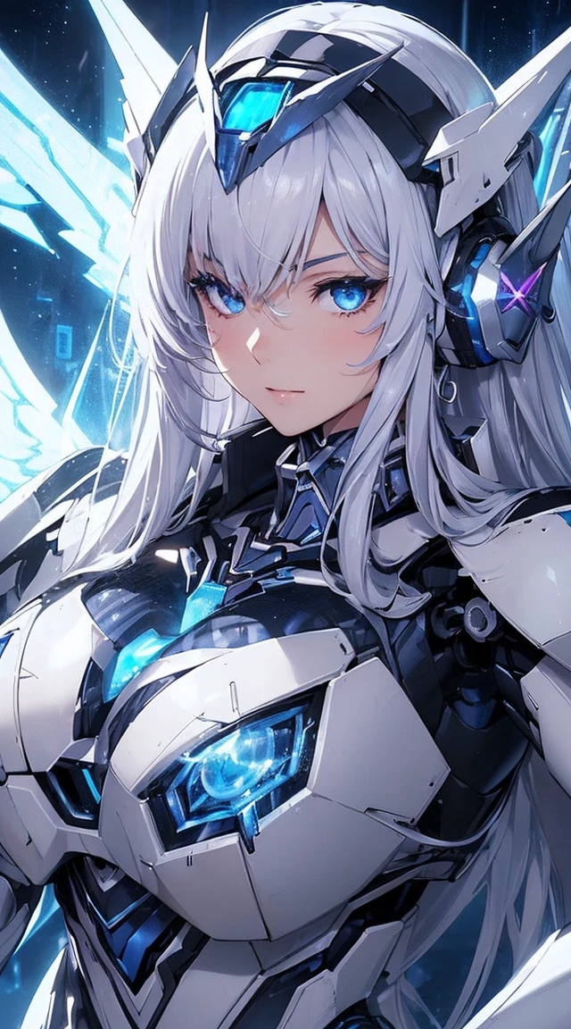 ((Extreme close up:1.6))、(((Lenses shining on both breasts:1.3)))、((Blue pillars of light radiate from both of his chests..:1.3))、break、(((Dynamic pose:1.8)))、smile、((8K)), ((32k)), ((Highest quality)), ((masterpiece)), ((超A high resolution)), ((Tmasterpiece)), ((Halation:1.4))、((Mechaニカルheadgear:1.2))、((Cyber Headphones:1.3))Fine skin, High quality fabric, High-quality metal texture、((Beautiful and dense face))、RAW Photos、Professional, Ultra-fine painting, ((alone)), Beautiful breasts、Highest quality, Very detailed, Very detailed詳細, Finer details, so beautiful, ((Princess Knight Robot:1.2)),  (Joint of the machine, Mechanical Limbs:1.3), (The internal structure of the machine is exposed:1.3), (Long silver hair:1.1), (Beautiful and huge mechanical breasts)、White Veil, cowboy_shot, Side Focus, headgear, Shiny、(Five Fingers, Four fingers and thumb),Concept Art, Anime fantasy artwork, Detailed fantasy art, (with pale blue-violet hair and large white wings,,,,,,,,), (((Long silver hair))), (Mecha:1.6)、Sleek and intimidating design, ((Commander-in-Chief&#39;arm)), (Perfect robot body)、純白と青紫のarmまたは, Symmetrical wings, 8K High Resolution, Detailed Art, 3D rendering of character art in 8K, neat legs, Defined, Defined fingers,((headshot:1.3))