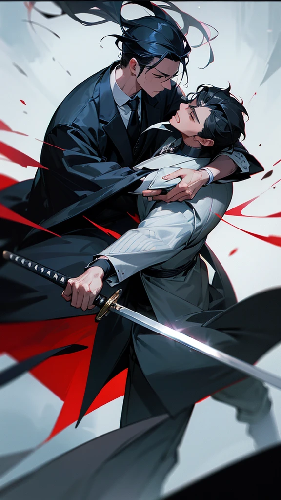 a well-dressed man in a suit and tie arguing with a swordsman in a kimono, the man grabbing the swordsman's collar while the swordsman holds his sword towards the man's neck, detailed facial features, intense expressions, dynamic poses, highly detailed, photorealistic, cinematic lighting, intricate clothing textures, vibrant colors