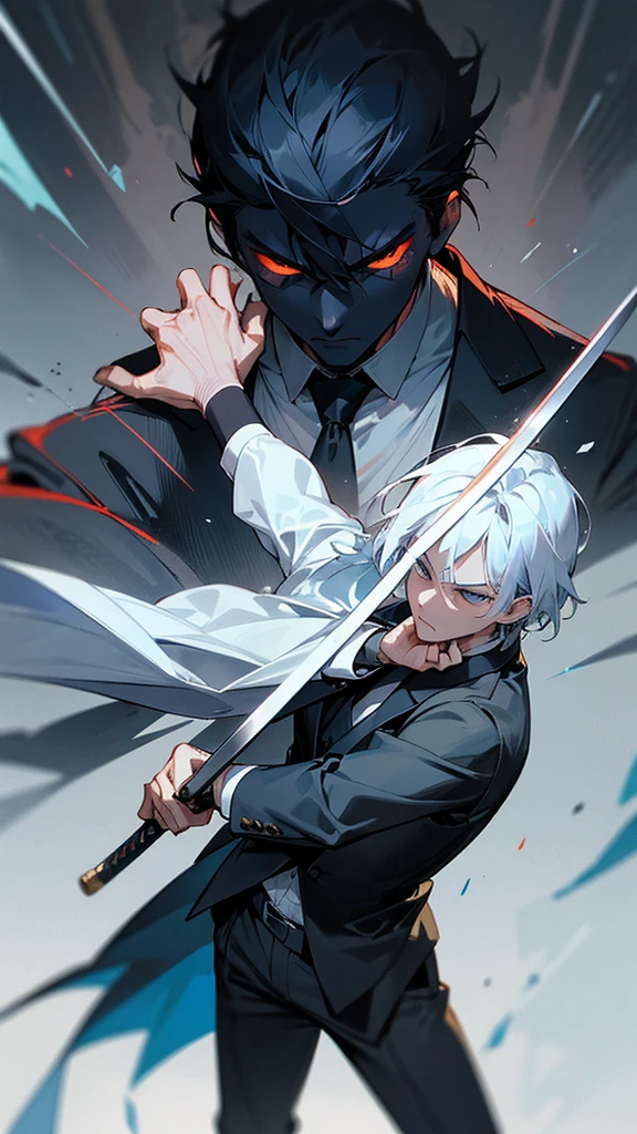 a well-dressed man in a suit and tie arguing with a swordsman in a kimono, the man grabbing the swordsman's collar while the swordsman holds his sword towards the man's neck, detailed facial features, intense expressions, dynamic poses, highly detailed, photorealistic, cinematic lighting, intricate clothing textures, vibrant colors