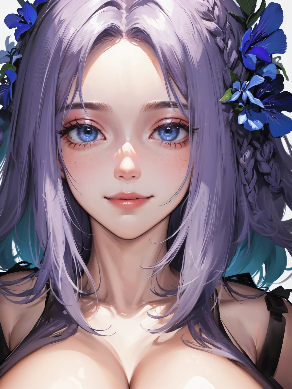 (highest resolution、separate_video) best quality、((light))、very detailed、semi-realistic、((assembly)),braided hairstyle、smile、forehead、섬세한 facial features、facial features、View below、((detailed eyes)) , sexy lingerie , portrait , nsfw , huge breasts