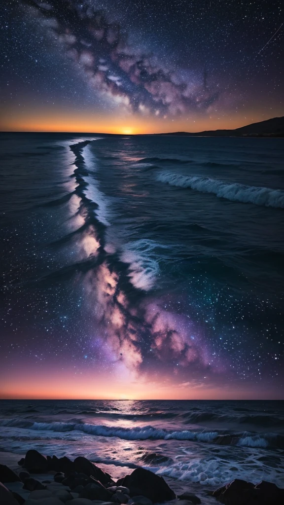 Bioluminescent stars shining in the sky, Pink half moon, Tukoi Sky, Soft cotton cloud, Turkish ocean waves, Shiny, Purple Water, Milky Way, Complementary lighting