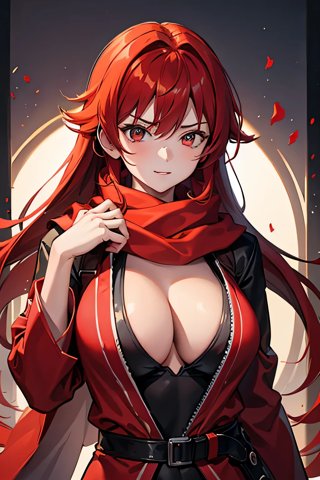 girl wearing a red ninja robe, red hair, badass looking, big breast, wearing a red scarf