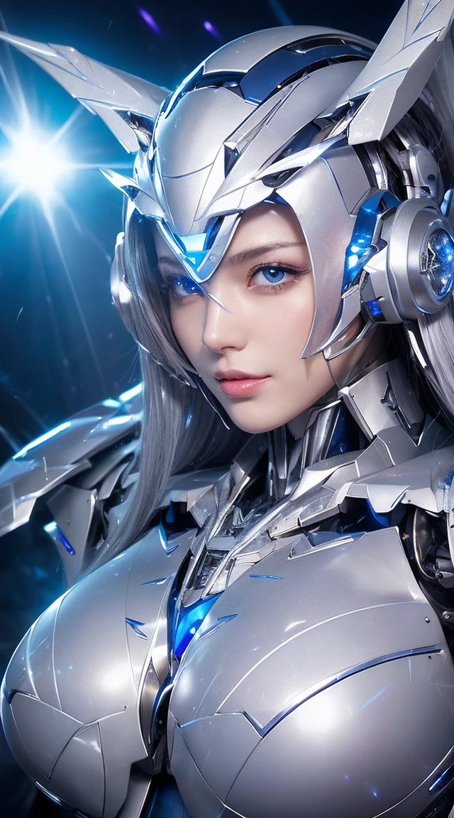 ((Extreme close up:1.6))、(((Lenses shining on both breasts:1.3)))、((Blue pillars of light radiate from both of his chests..:1.3))、break、(((Dynamic pose:1.8)))、smile、((8K)), ((32k)), ((Highest quality)), ((masterpiece)), ((超A high resolution)), ((Tmasterpiece)), ((Halation:1.4))、((Mechaニカルheadgear:1.2))、((Cyber Headphones:1.3))Fine skin, High quality fabric, High-quality metal texture、((Beautiful and dense face))、RAW Photos、Professional, Ultra-fine painting, ((alone)), Beautiful breasts、Highest quality, Very detailed, Very detailed詳細, Finer details, so beautiful, ((Princess Knight Robot:1.2)),  (Joint of the machine, Mechanical Limbs:1.3), (The internal structure of the machine is exposed:1.3), (Long silver hair:1.1), (Beautiful and huge mechanical breasts)、White Veil, cowboy_shot, Side Focus, headgear, Shiny、(Five Fingers, Four fingers and thumb),Concept Art, Anime fantasy artwork, Detailed fantasy art, (with pale blue-violet hair and large white wings,,,,,,,,), (((Long silver hair))), (Mecha:1.6)、Sleek and intimidating design, ((Commander-in-Chief&#39;arm)), (Perfect robot body)、純白と青紫のarmまたは, Symmetrical wings, 8K High Resolution, Detailed Art, 3D rendering of character art in 8K, neat legs, Defined, Defined fingers,((headshot:1.3))