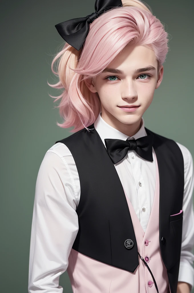 18 year old boy, Caucasian skin, with green eyes and a sweet smile, a small black heart painted below the right eye, hair parted in the middle, the left side of blonde hair and the right side of pink hair. A dark pink vest, with a black bow around his neck and a white shirt under his pink vest