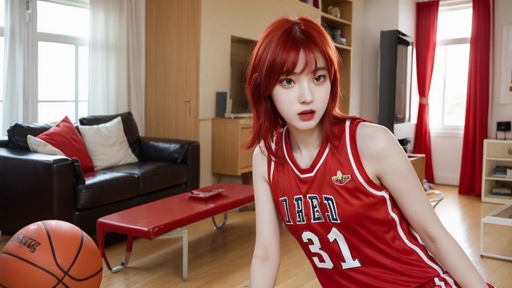 A young Korean woman with red dyed hair, pale skin, thin body. She is wearing a red basketball jersey. She is looking at the viewer, and her easy expression is sensual. Full body. The setting is a living room.