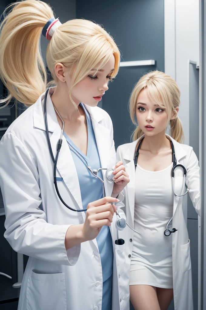 Cartoon blond woman in a ponytail with lab coat and stethoscope pointing to the side
