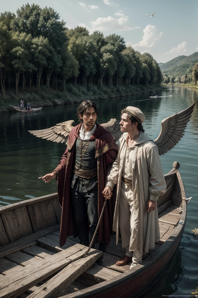 the ferryman Charon with his wings and beautiful clothing, aboard his boat full of people, observes two men on the bank of the river, to Dante alighyeri ya Virgilio