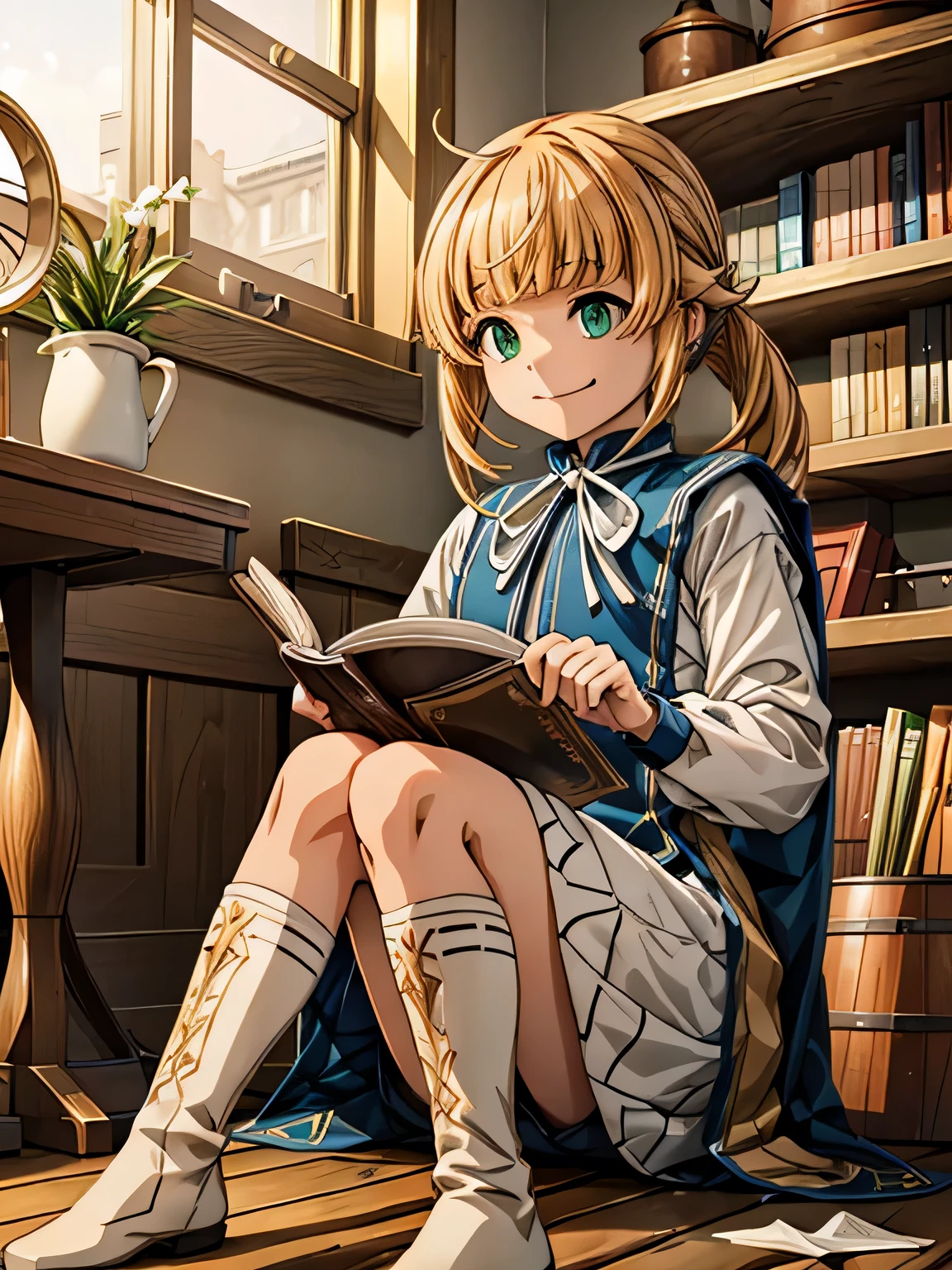 Kizi , HAIR GOLD  , 12 year old , Grinning , in a medieval classroom , Brown Shoe , white stockings, puffed chest, reading a book, sitting on the floor 